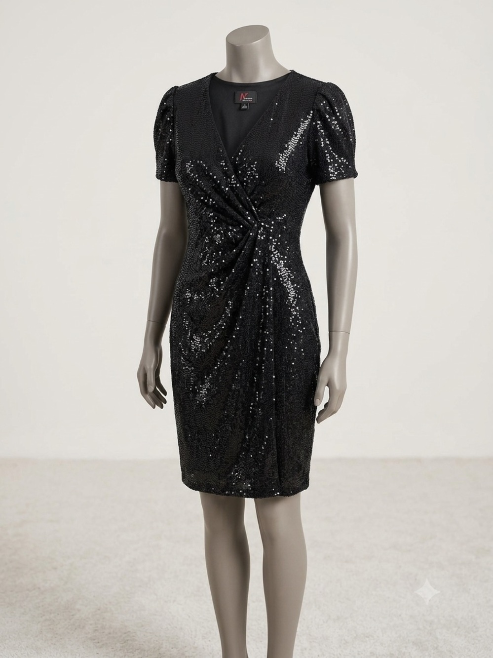 Sequin Knot-Detail Black Mini Dress